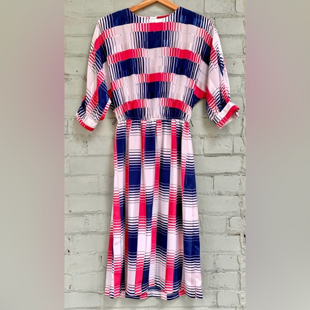 Vintage Plaid Midi Dress- Red, Navy Blue and White